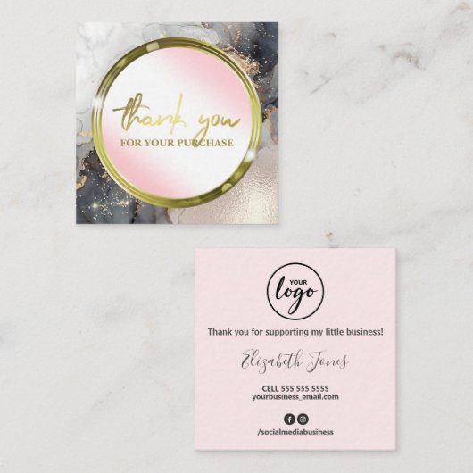 Hartelijk dank voor uw aankoop - zwarte inktroze vierkante visitekaartje (Voorkant / Achterkant)