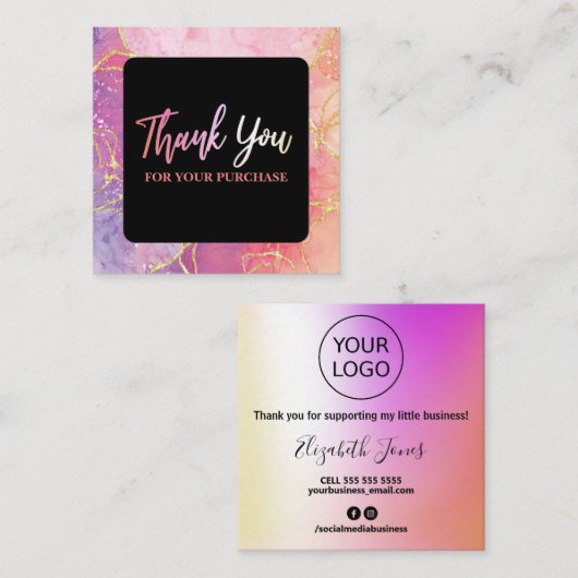 Hartelijk dank voor uw aankooproze en goudinkt vierkante visitekaartje (Voorkant / Achterkant)