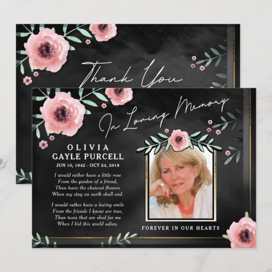 Hartelijk dank voor uw sympathie Zwarte & Roze Flo Bedankkaart (Voorkant / Achterkant)