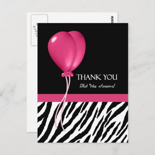 Hartelijk dank voor Zebra Print en roze partijball Briefkaart (Voorkant / Achterkant)