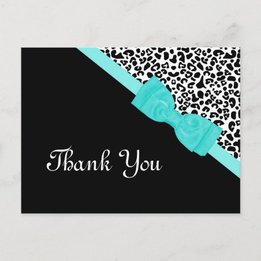 Hartelijk dank, zwart-wit leopard Aqua Ribbon Briefkaart (Voorkant)