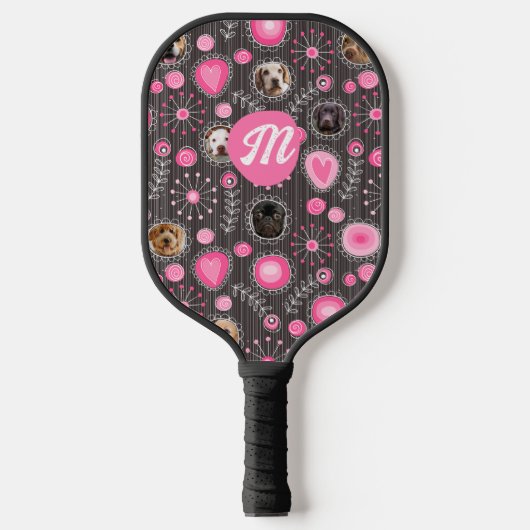 Hartelijk Roze Hart Bloem Monogram Hond Foto Colla Pickleball Paddle (Voorkant)