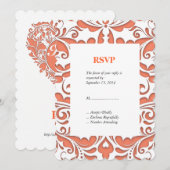 HartelijkFeest Koraal En Witte Damast Hart Kaart (Voorkant / Achterkant)