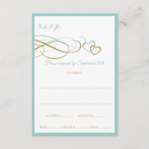 Harten Bruiloft Reactie Kaarten (Turquoise & Gold) RSVP Kaartje