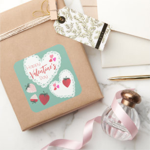 Harten en aardbeien Happy Valentines Day Vierkante Sticker