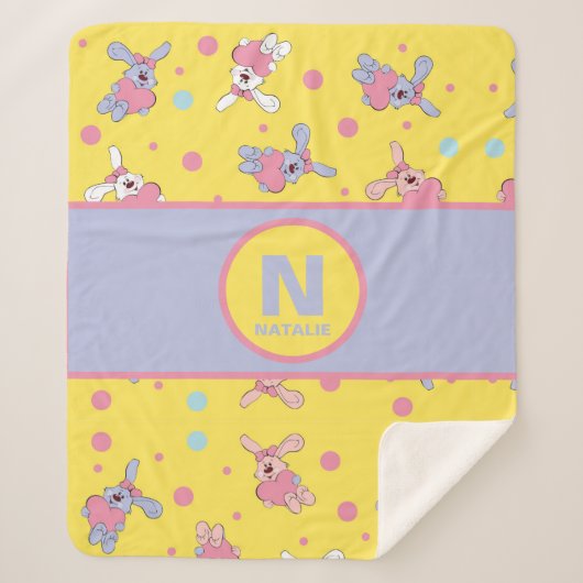 Harten en konijntjes in geel en roze meisjesnaam sherpa deken (Voorkant)