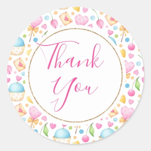 Harten en Muffins Waterverf Patroon Dank u Ronde Sticker (Voorkant)