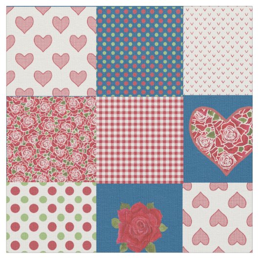 Harten en rode rozen Faux Patchwork Patchwork Patt Stof (Close Up)