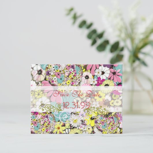 Harten en wilde bloemen redden de datum aankondigingskaart (Staand voorkant)