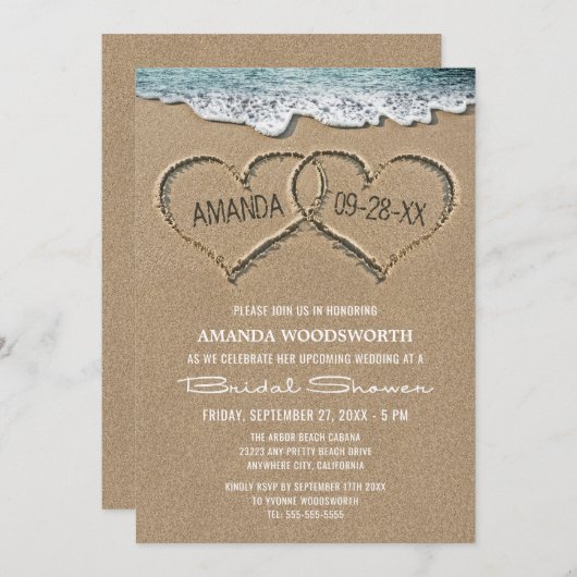 Harten in het Zand Strand Bruidsdouche Uitnodiging (Voorkant / Achterkant)