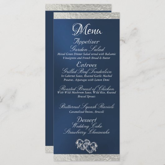Harten & Monogram - Blauw/Zilver Huwelijk Menu (Voorkant / Achterkant)