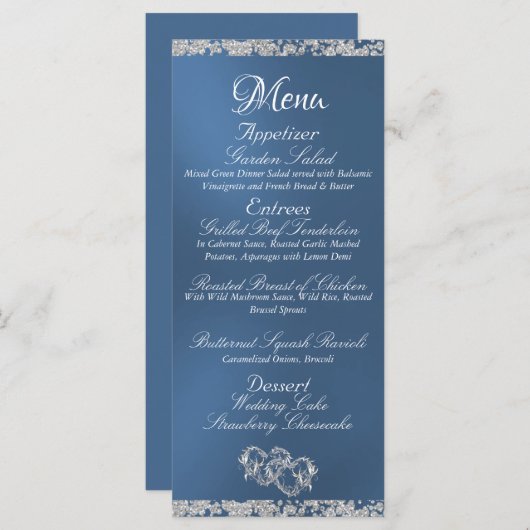 Harten, Monogram & Glitter - Blauwe bruiloft Menu (Voorkant / Achterkant)
