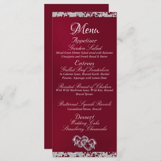 Harten, Monogram & Glitter - Bourgondische bruilof Menu (Voorkant / Achterkant)
