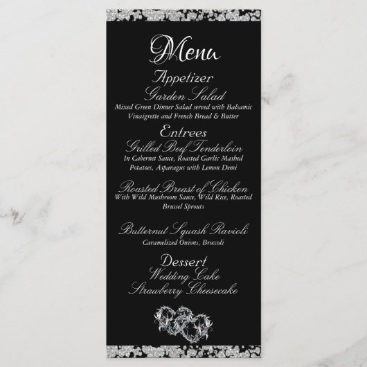 Harten, Monogram & Glitter - Zwarte bruiloft Menu (Voorkant)