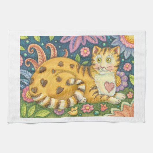 Harten n' Stripes Tabby Folk Art Cat Kitchen Towel Theedoek (Horizontaal)