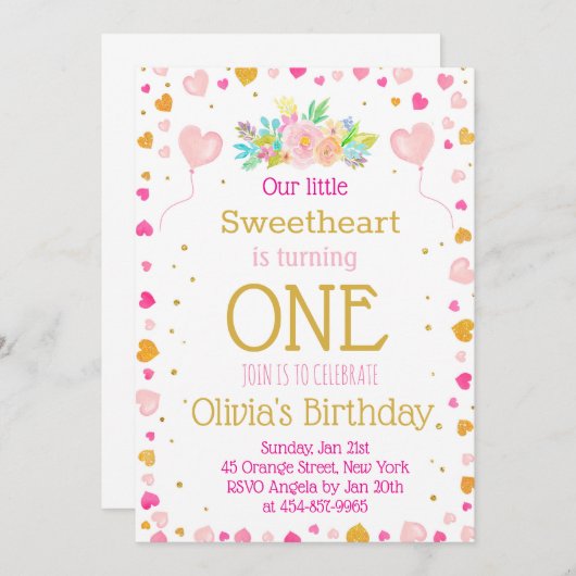 Harten of Valentijn Eerste Verjaardag uitnodiging (Voorkant / Achterkant)