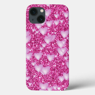 Harten op mousserende glitterafdruk, roze iPhone 13 hoesje