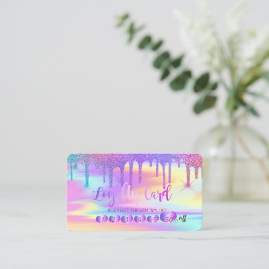 Harten Regenboog Glitter Druppels Holografisch Klantenkaartje (Staand voorkant)