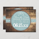 Harten Rustic Wood Blue Save the Date Briefkaarten (Voorkant / Achterkant)