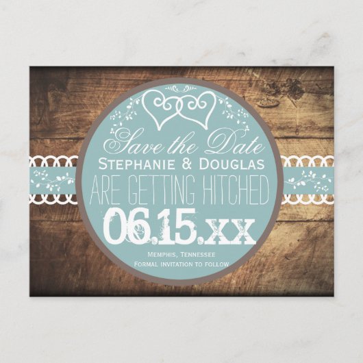 Harten Rustic Wood Blue Save the Date Briefkaarten (Voorkant)