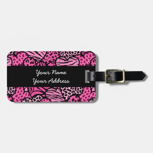 Harten voor roze en zwarte, girale dierlijke afdru bagagelabel (Voorkant horizontaal)