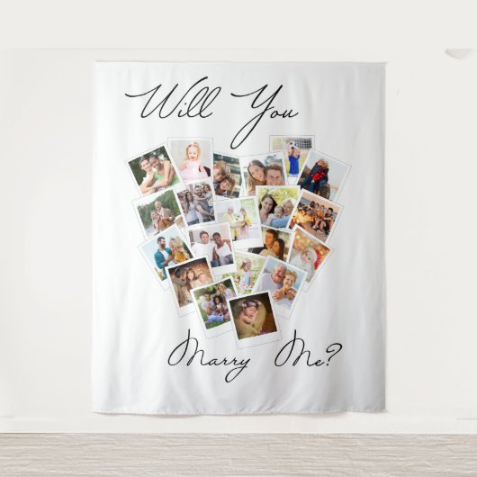 Hartenfotocollage Wil je met me trouwen Script Wandkleed (Voorkant)