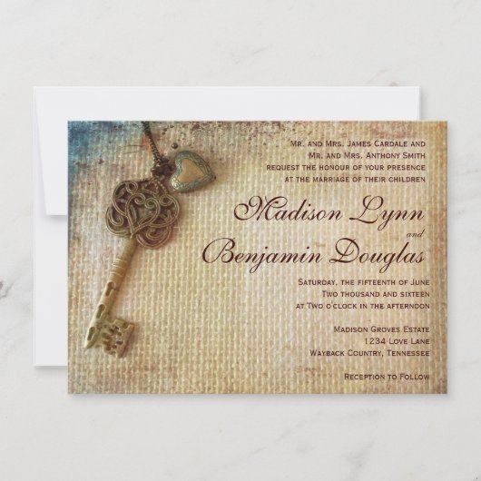  hartensleutel Rustic Burlap Wedding Invitation Kaart (Voorkant)