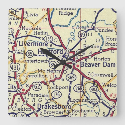 Hartford KY Map Vierkante Klok (Voorkant)