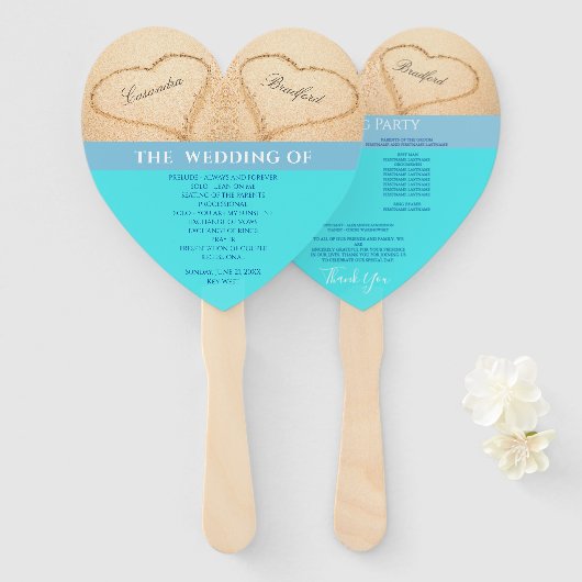 Hartjes Bruiloftceremonieprogramma op het strand,  Handwaaier (Voorkant en achterkant)