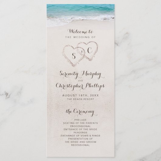Hartjes in het zand strand bruiloftsprogramma programma (Voorkant)