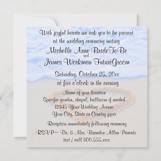 Hartslag in zand-strand bruiloft met RSVP Kaart (Voorkant)