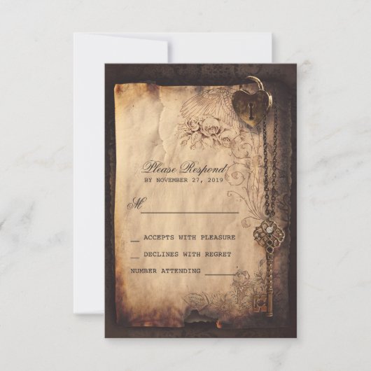 Hartslot & sleutel vintage bruiloft RSVP kaarten Kaartje (Voorkant)