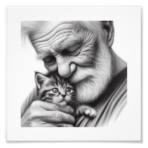 Hartverwarmende momenten Oude Man en Kitten Close- Foto Afdruk