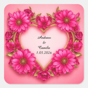 Hartvormig bloemenframe met roze bloesems vierkante sticker