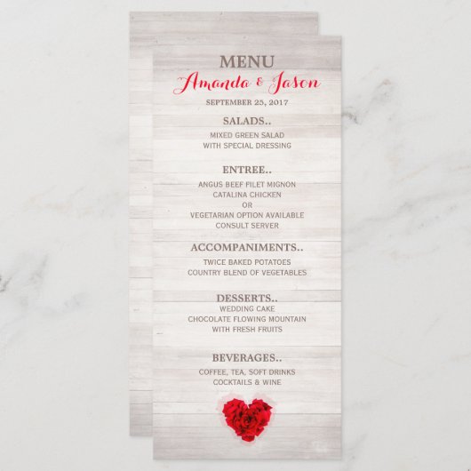 Hartvormig Rode roos bruiloft menu hhn01 (Voorkant / Achterkant)