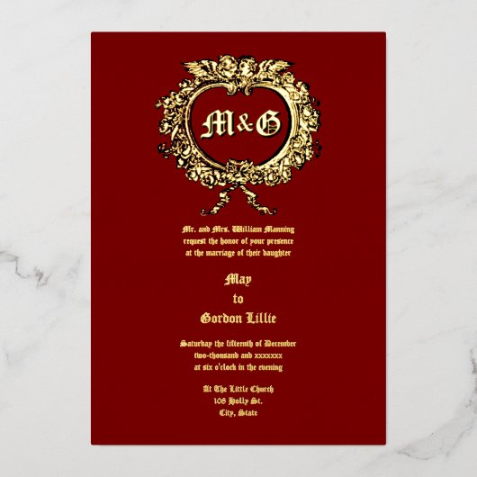 Hartvormig Roos Cartouche & Cherub Paar Folie Uitnodiging (Voorkant)