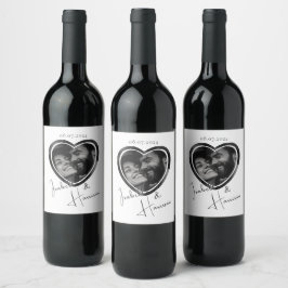 Hartvormige Custom Photo Wedding Zwart-wit Wijn Etiket