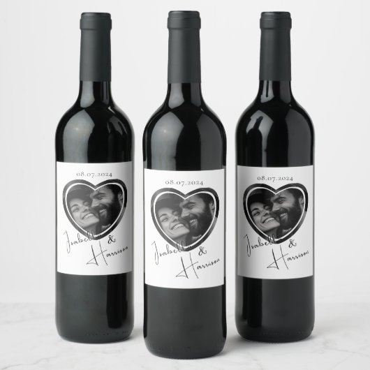 Hartvormige Custom Photo Wedding Zwart-wit Wijn Etiket (Flessen)