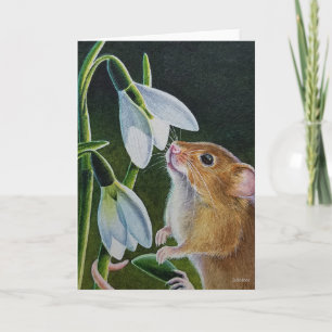 Harvest Mouse Smelling Snowdrops Waterverf Art Kaart