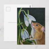 Harvest Mouse Smelling Snowdrops Waterverf Art Po Briefkaart (Voorkant / Achterkant)