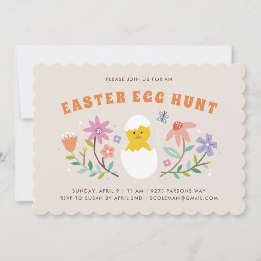 Hatched Floral Easter Egg Hunt Invitation - Beige Kaart (Voorkant)