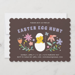 Hatched Floral Easter Egg Hunt Invitation - Brown Kaart