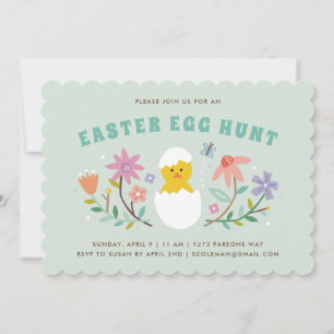 Hatched Floral Easter Egg Hunt Invitation - Mint Kaart