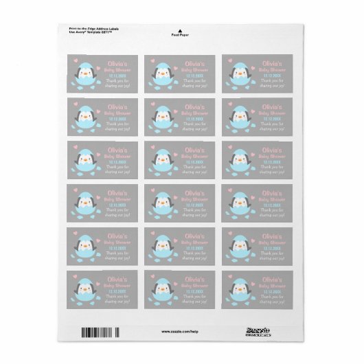 Hatching Penguin Baby shower Dank u Labels (Full Sheet)