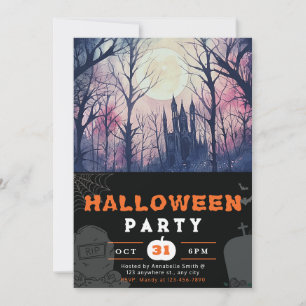 Haunted Castle Volle Maan Roze Hemel Zwart Hallowe Kaart