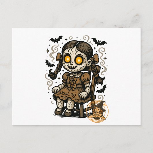 Haunted Doll – Halloween Cartoon Briefkaart (Voorkant)