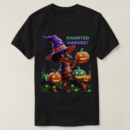 Haunted Harvest – Witchy Dachshund Halloween Garde T-shirt (Design voorkant)