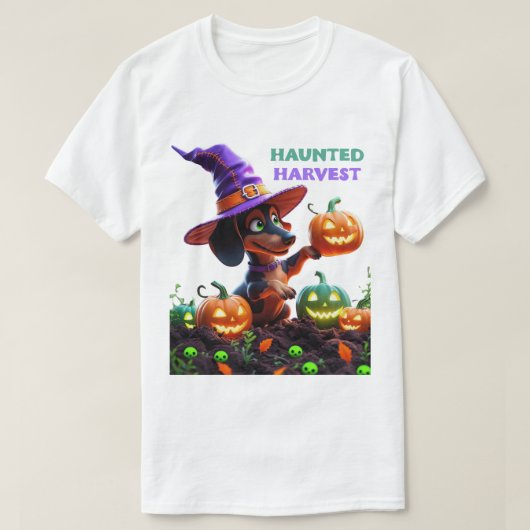 Haunted Harvest – Witchy Dachshund Halloween Garde T-shirt (Design voorkant)