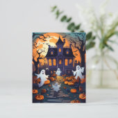 Haunted House en Ghost Halloween Briefkaart (Staand voorkant)
