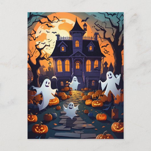 Haunted House en Ghost Halloween Briefkaart (Voorkant)